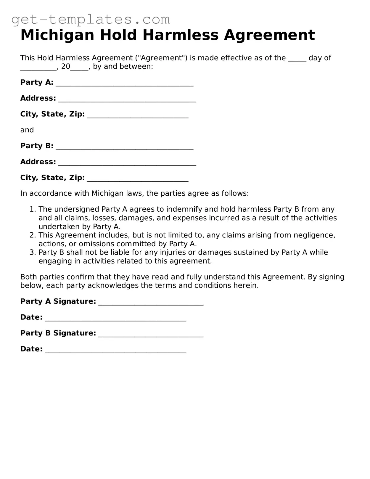 Attorney-Approved  Hold Harmless Agreement Document for Michigan