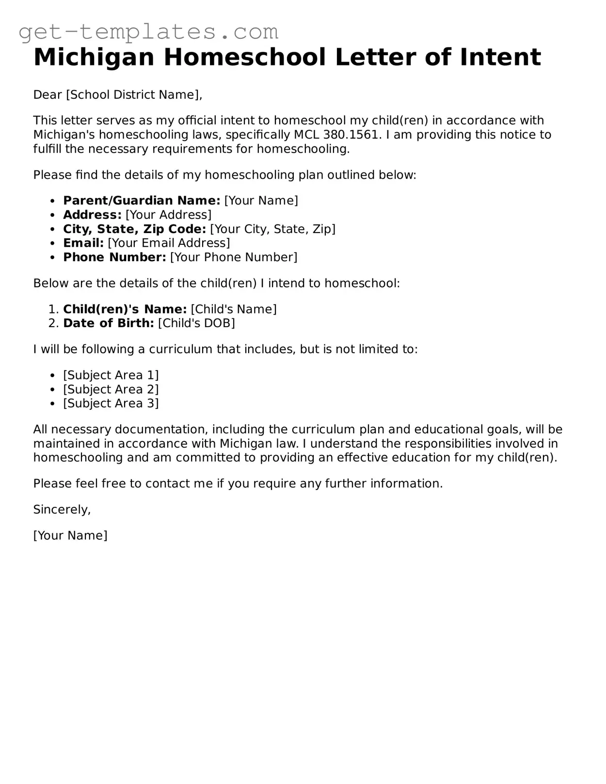 Attorney-Approved  Homeschool Letter of Intent Document for Michigan