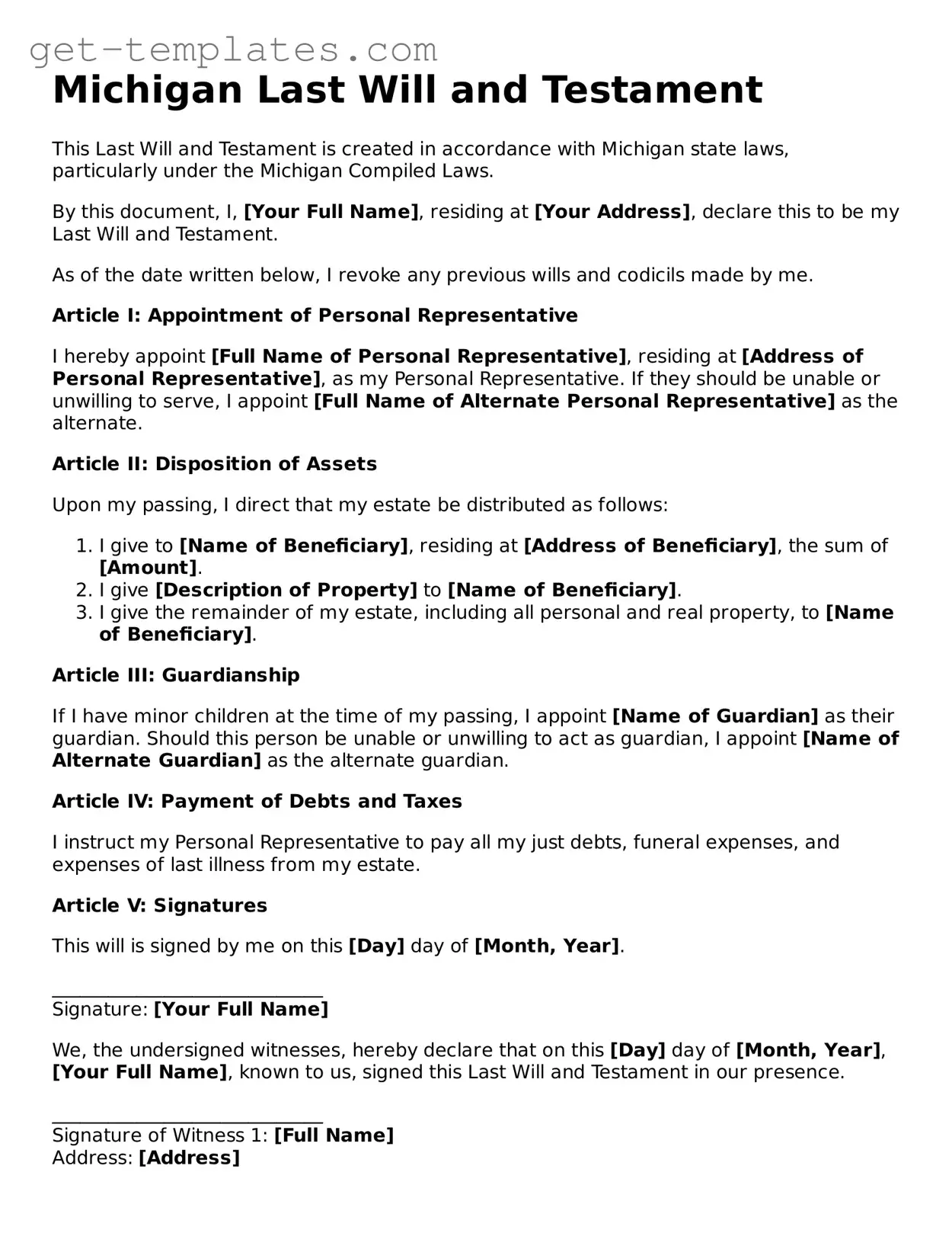 Attorney-Approved  Last Will and Testament Document for Michigan