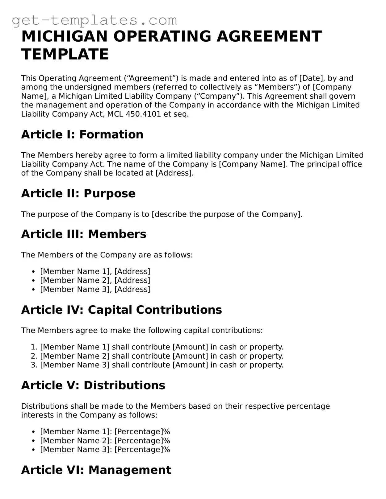 Attorney-Approved  Operating Agreement Document for Michigan