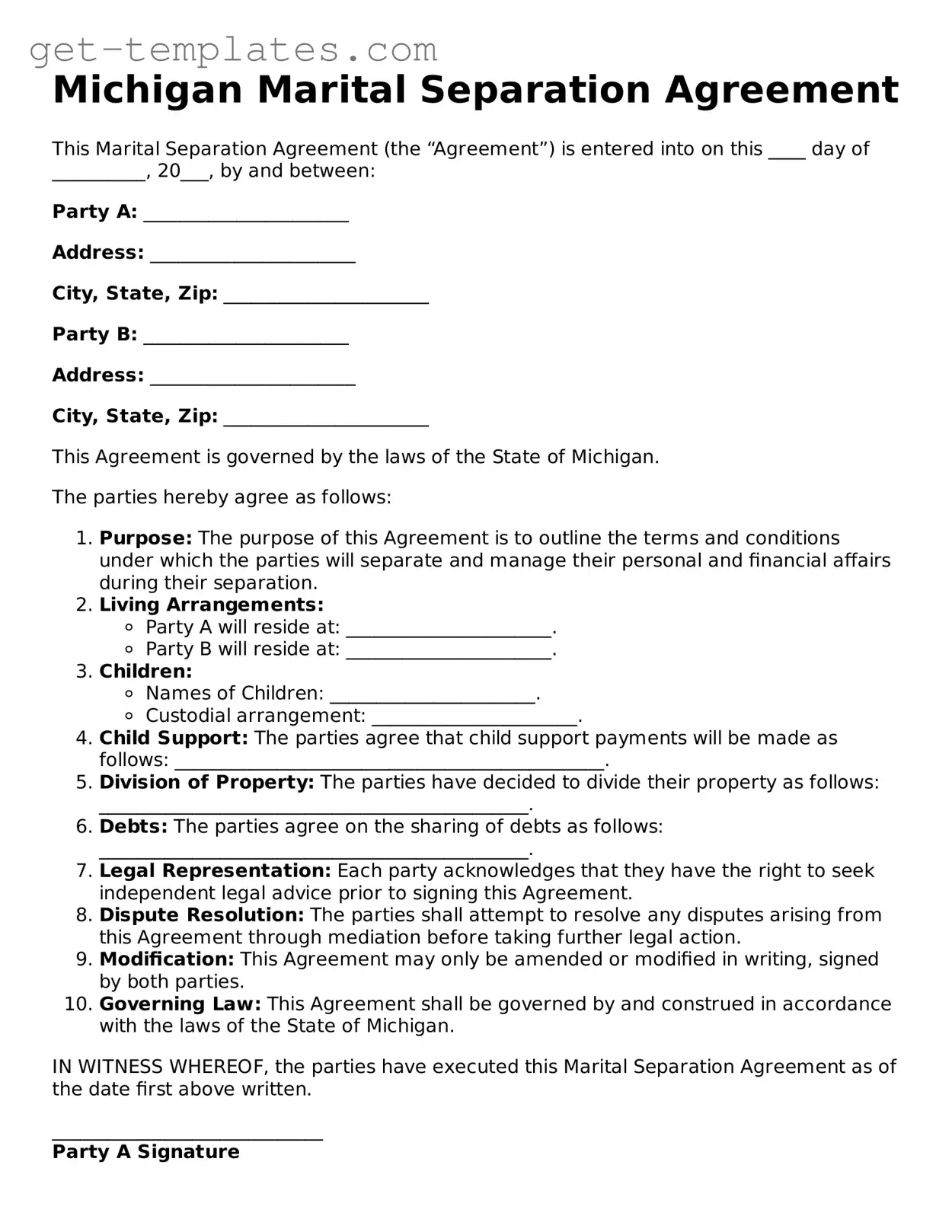 Attorney-Approved  Marital Separation Agreement Document for Michigan