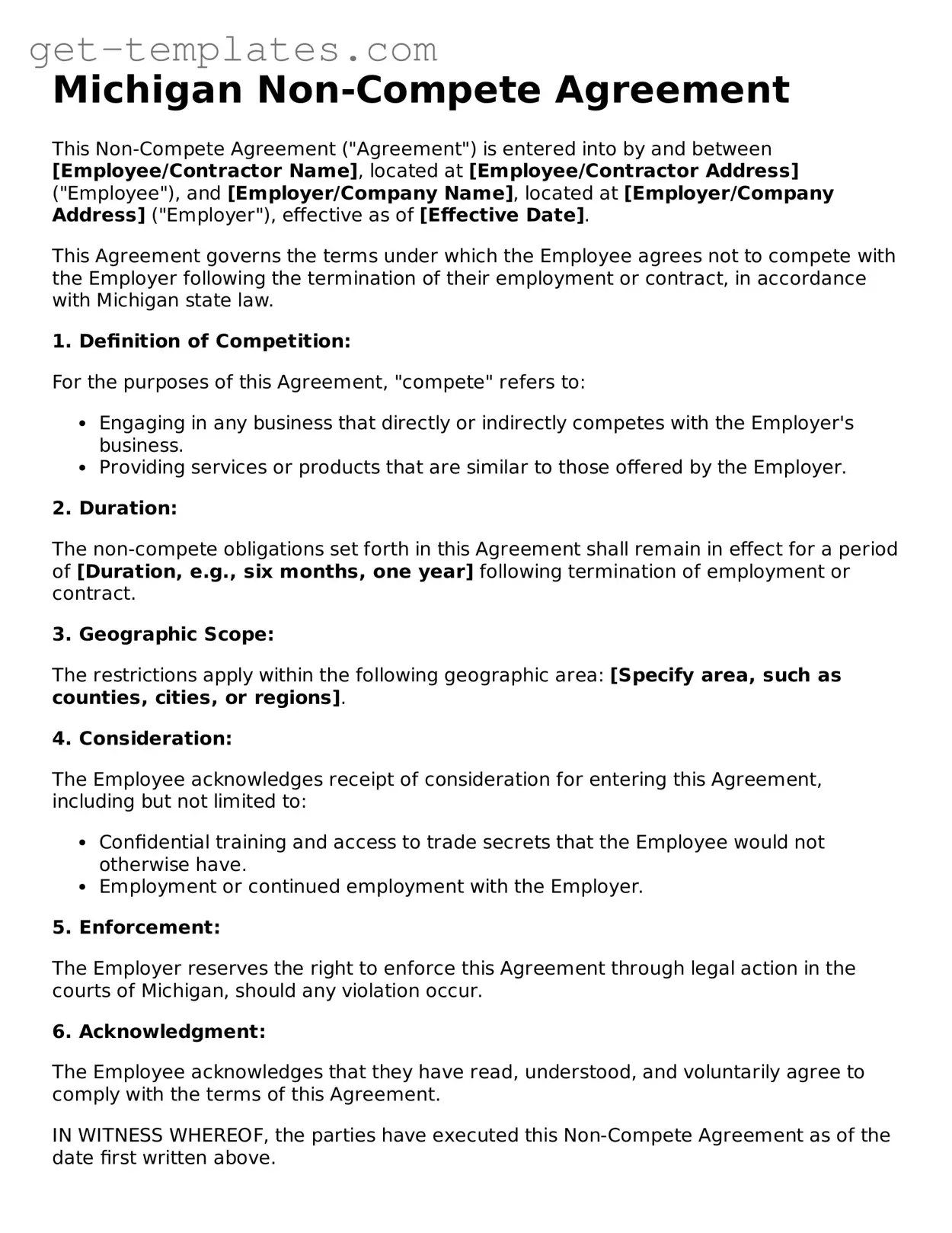 Attorney-Approved  Non-compete Agreement Document for Michigan