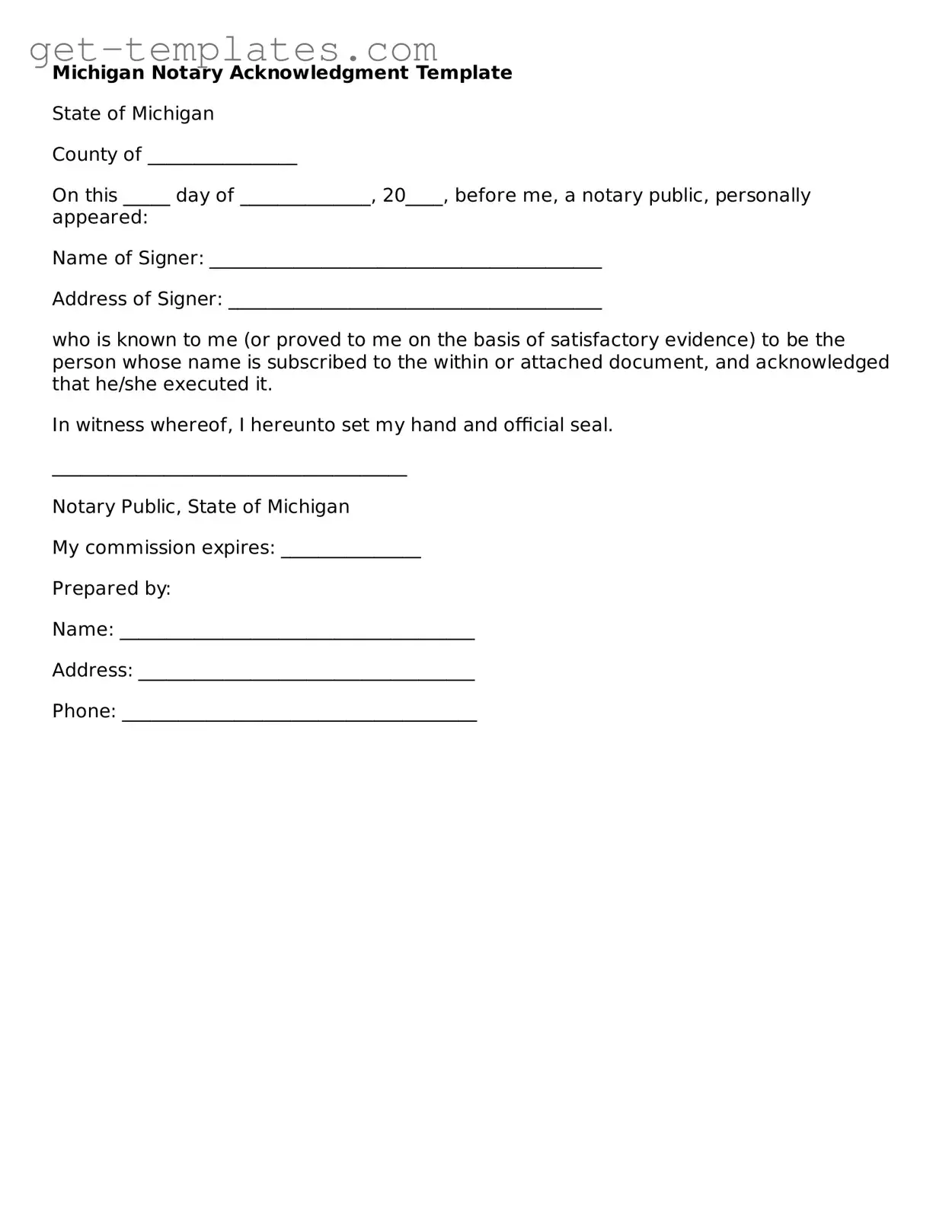 Attorney-Approved  Notary Acknowledgement Document for Michigan