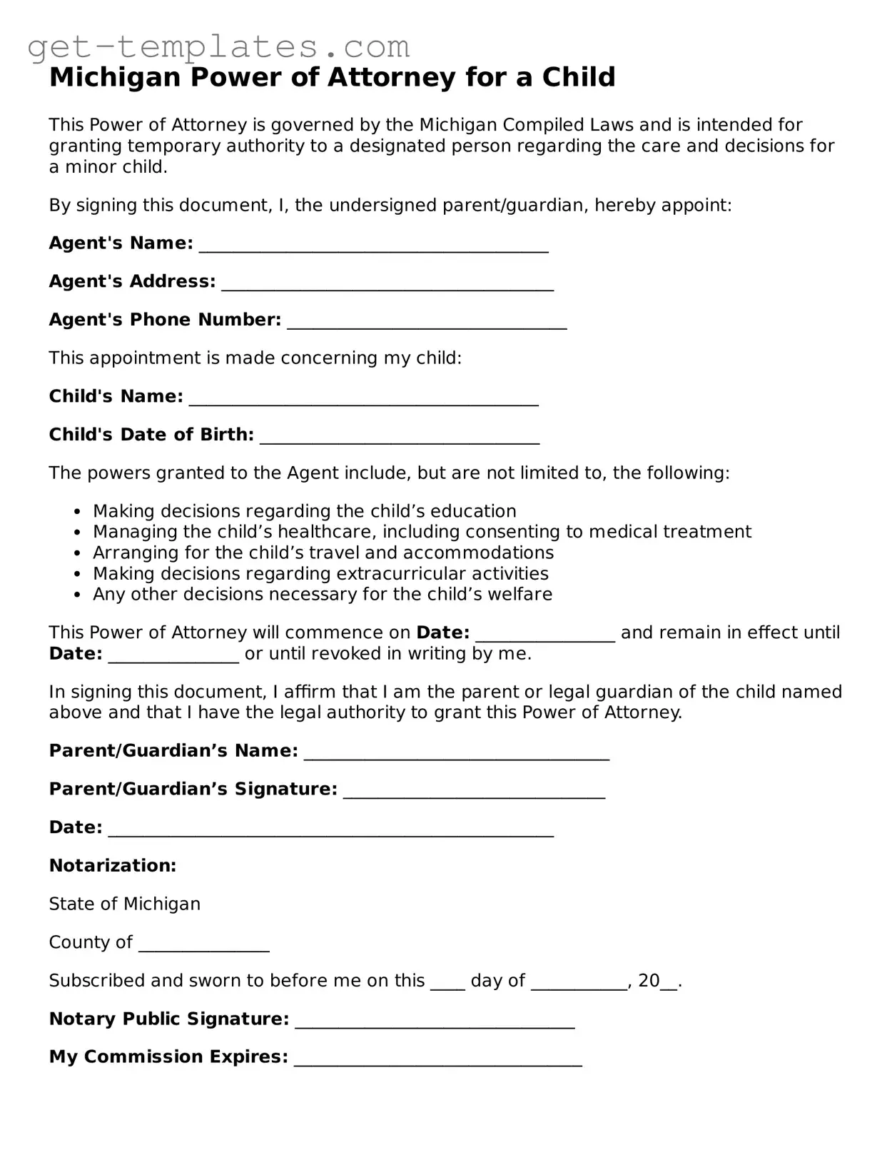 Attorney-Approved  Power of Attorney for a Child Document for Michigan