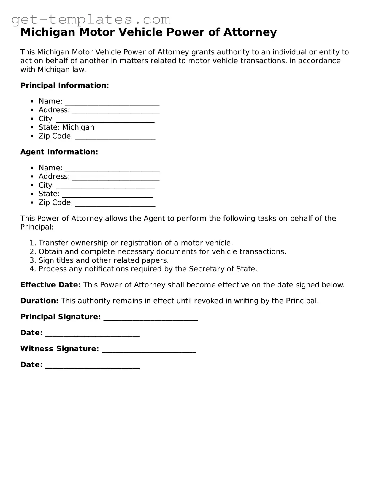 Attorney-Approved  Motor Vehicle Power of Attorney Document for Michigan