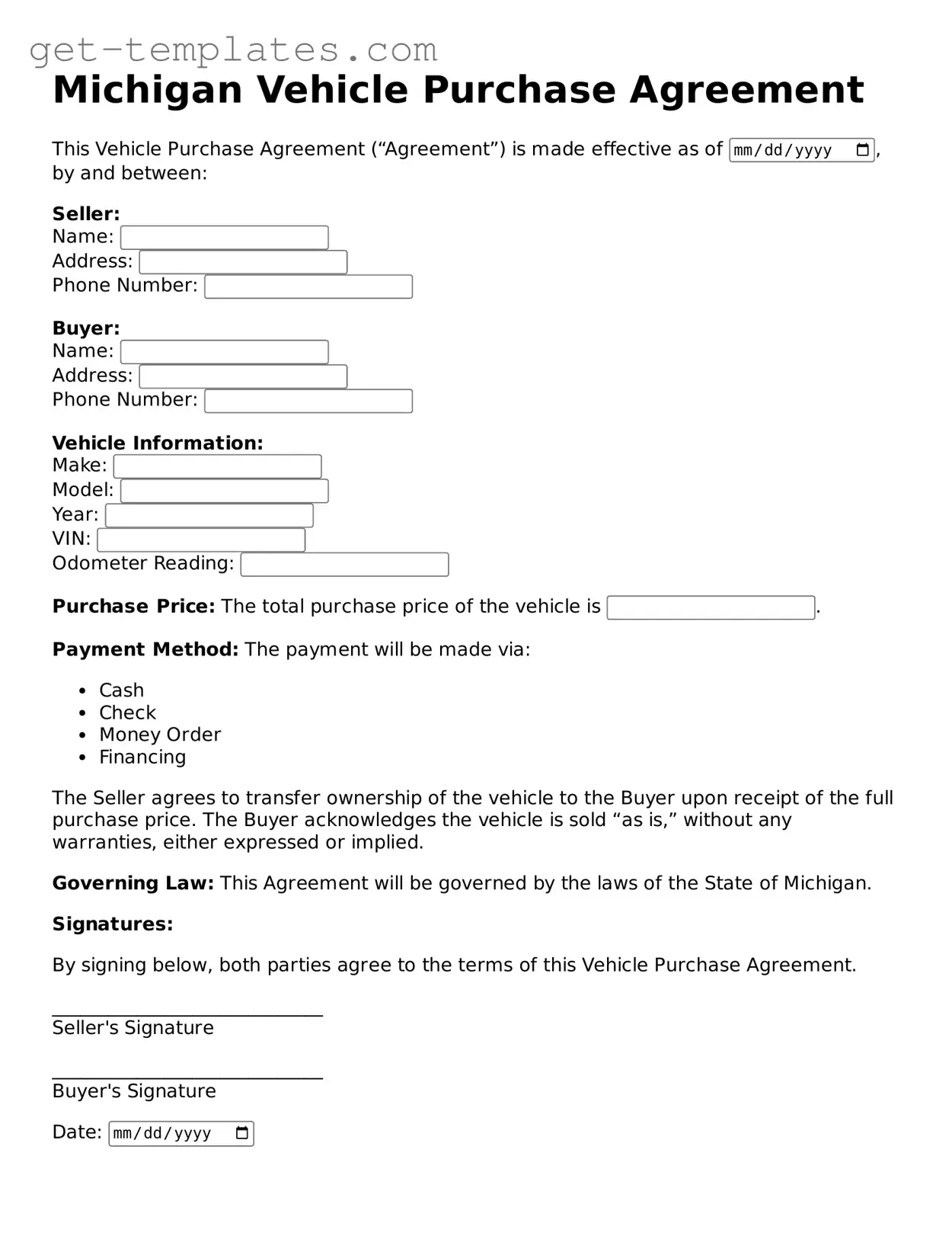 Attorney-Approved  Vehicle Purchase Agreement Document for Michigan