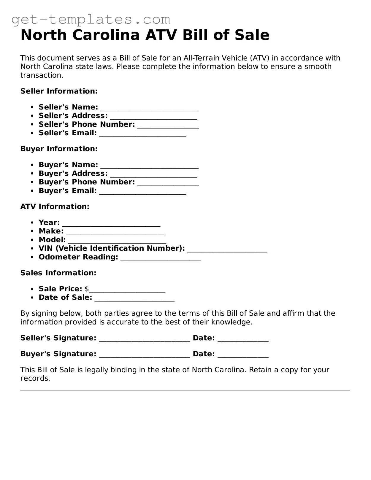 Attorney-Approved  ATV Bill of Sale Document for North Carolina