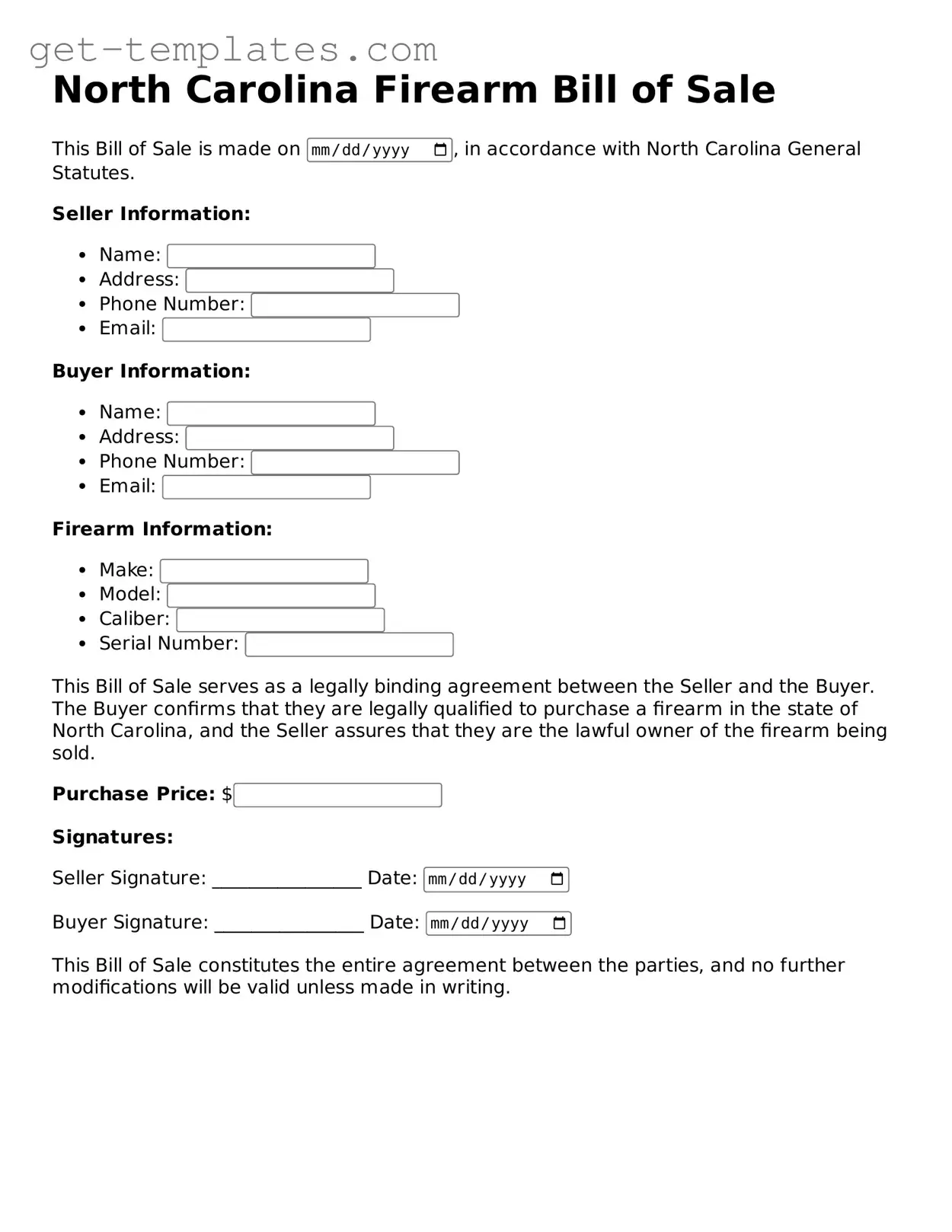 Attorney-Approved  Firearm Bill of Sale Document for North Carolina