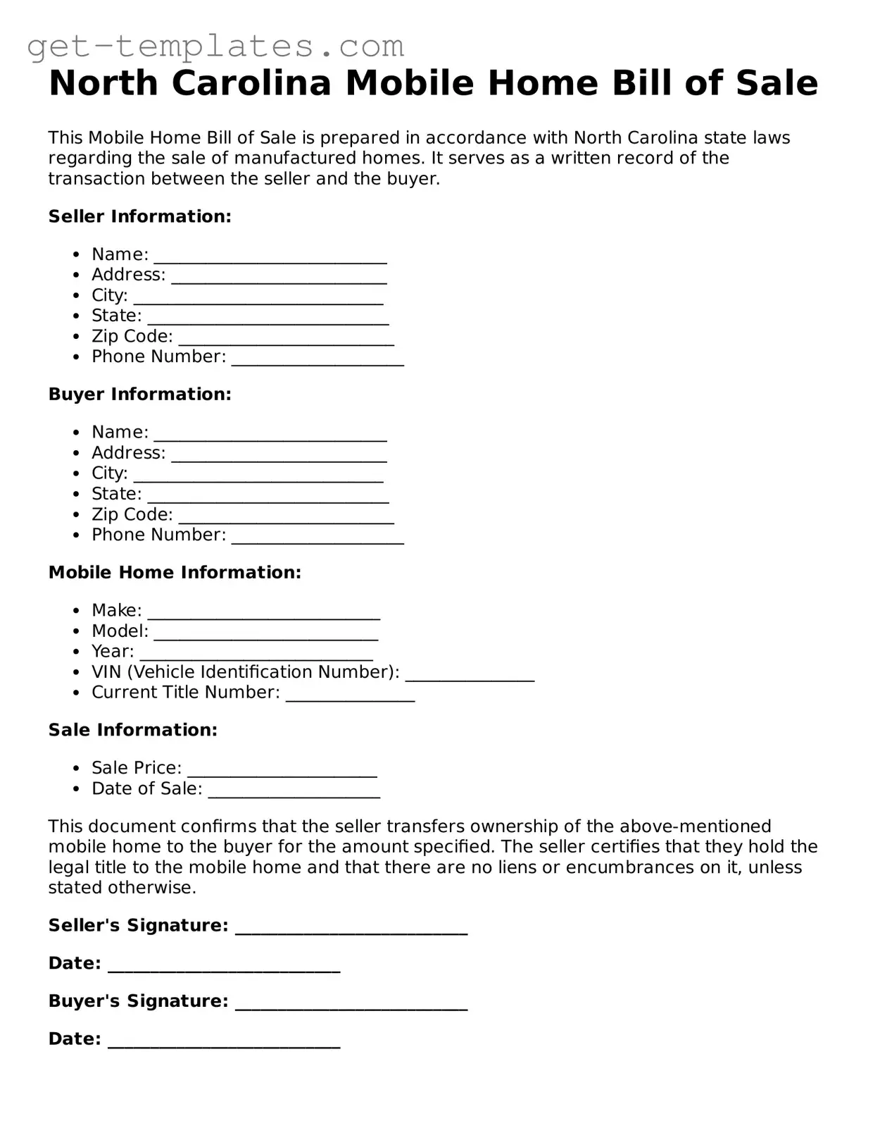 Attorney-Approved  Mobile Home Bill of Sale Document for North Carolina