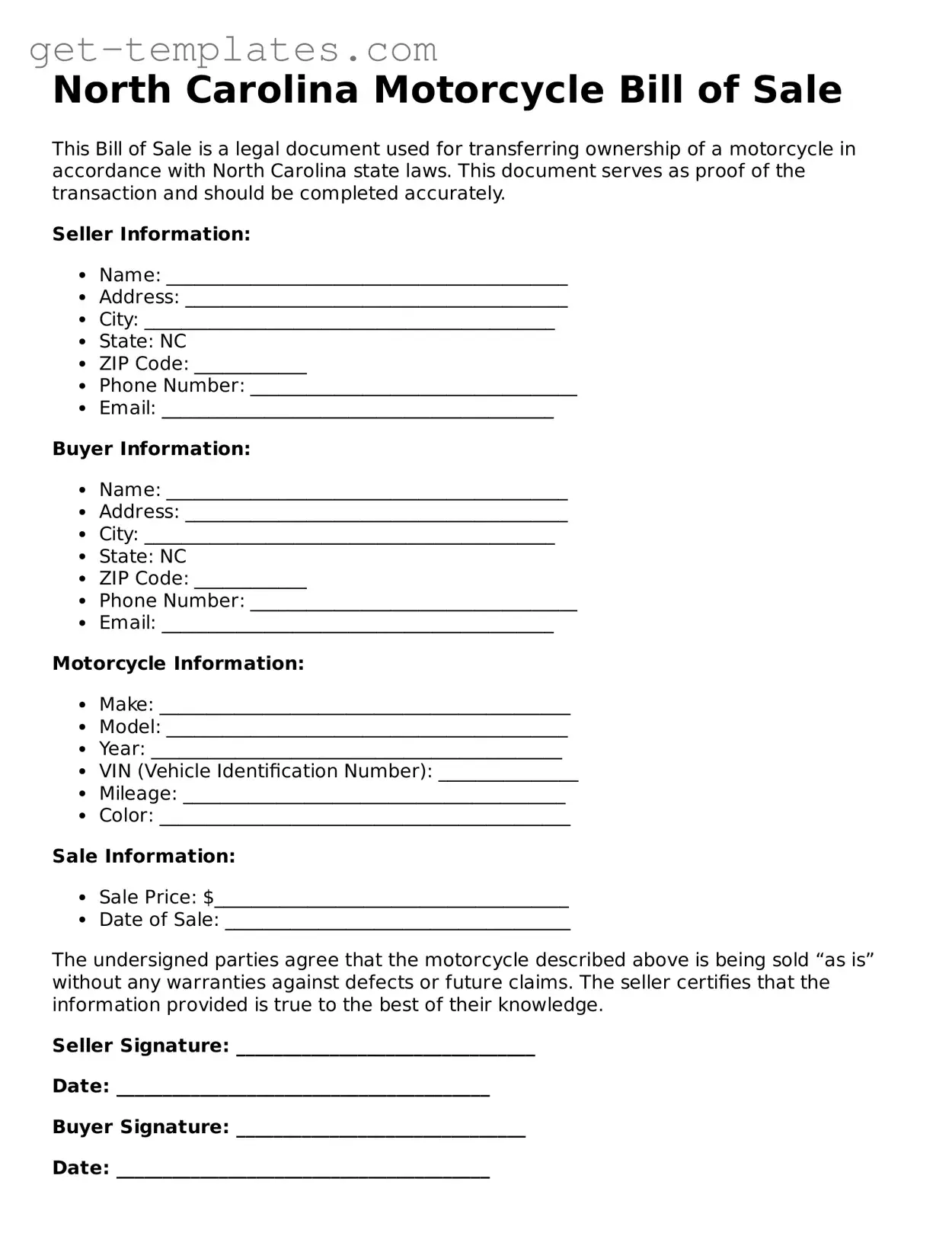 Attorney-Approved  Motorcycle Bill of Sale Document for North Carolina