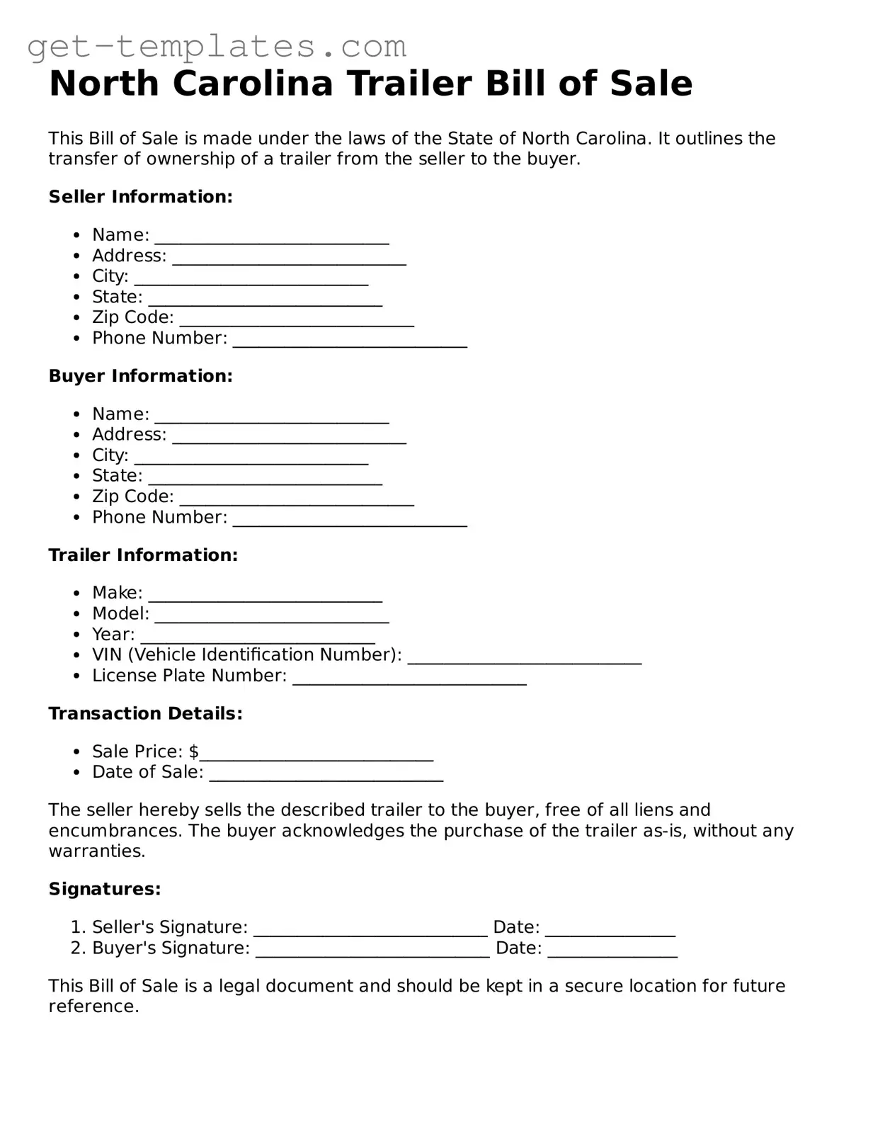 Attorney-Approved  Trailer Bill of Sale Document for North Carolina