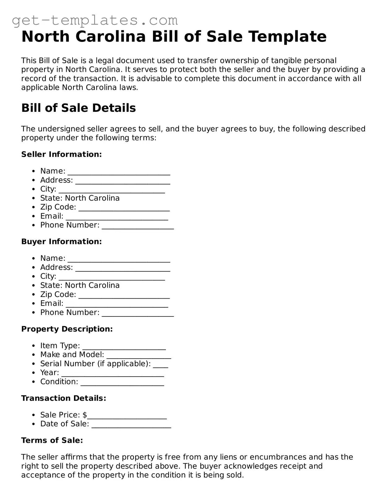Attorney-Approved  Bill of Sale Document for North Carolina