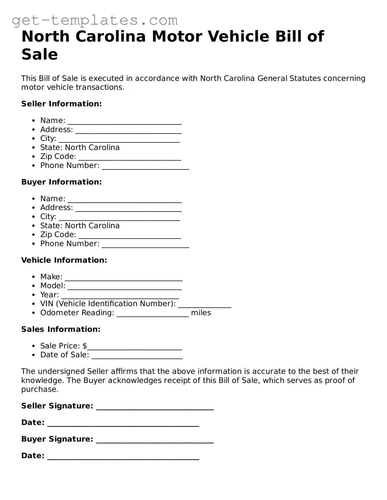 Attorney-Approved  Motor Vehicle Bill of Sale Document for North Carolina