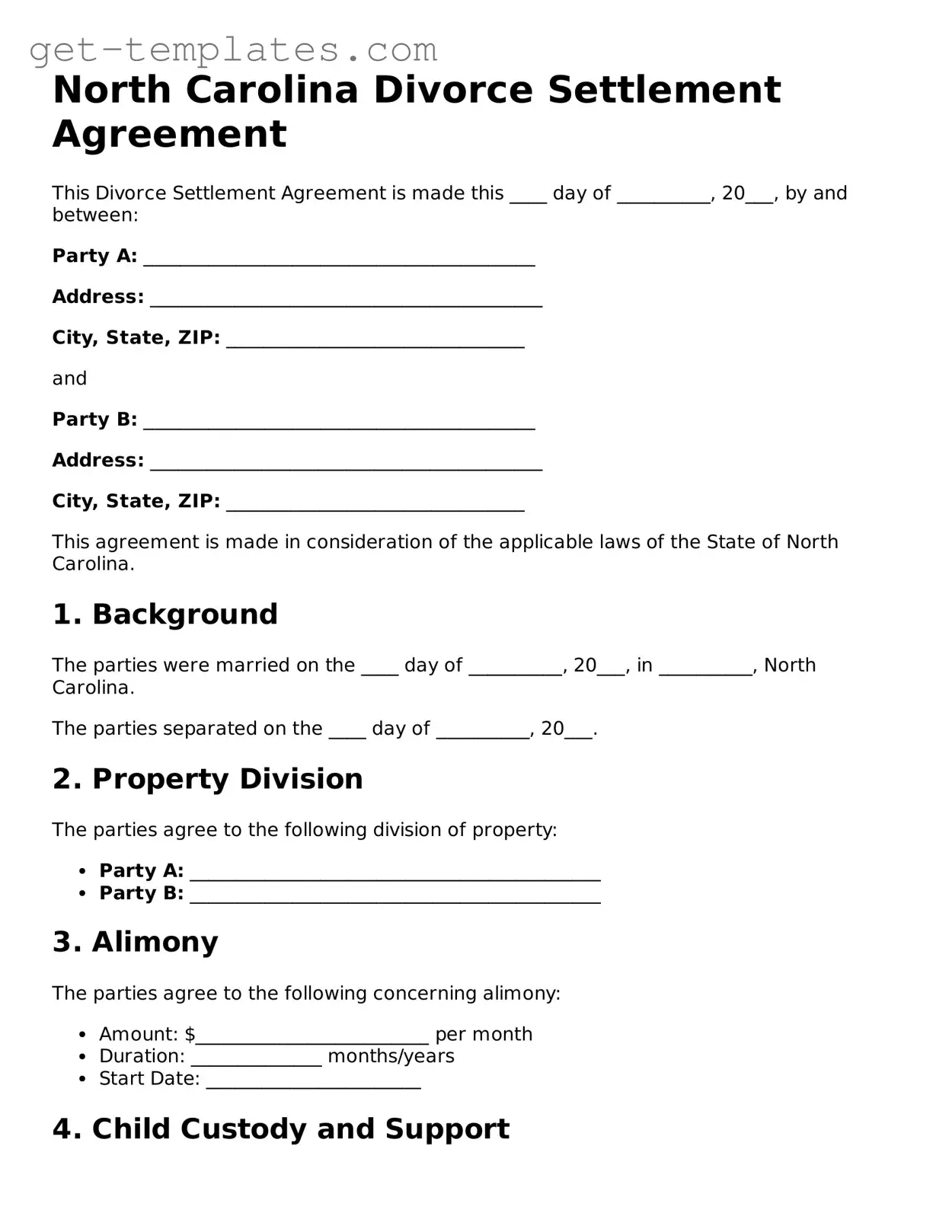 Attorney-Approved  Divorce Settlement Agreement Document for North Carolina