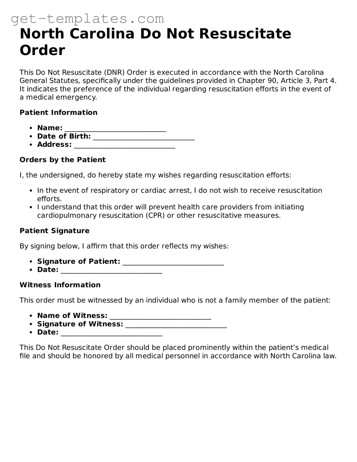 Attorney-Approved  Do Not Resuscitate Order Document for North Carolina