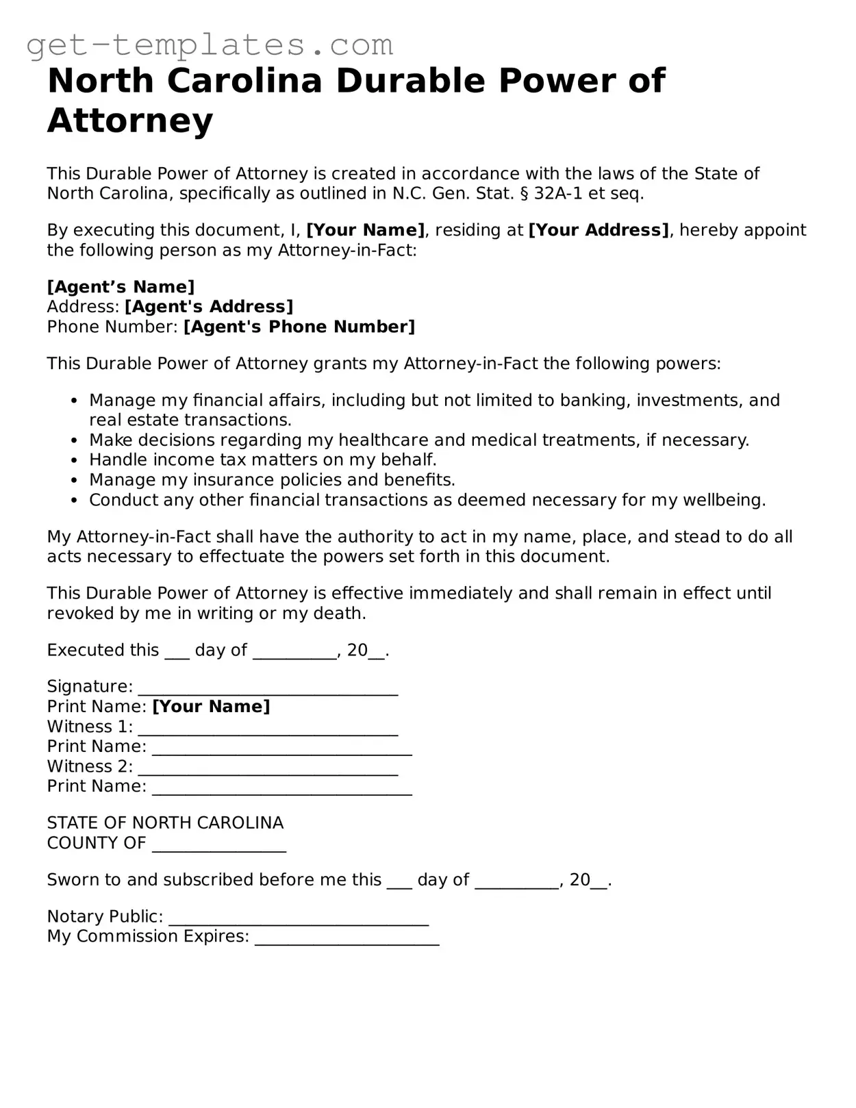 Attorney-Approved  Durable Power of Attorney Document for North Carolina