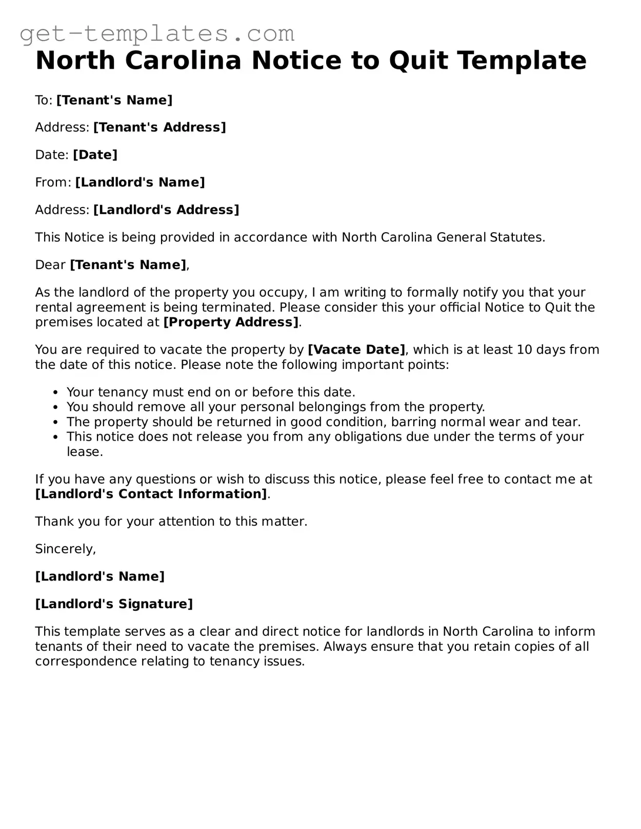 Attorney-Approved  Notice to Quit Document for North Carolina