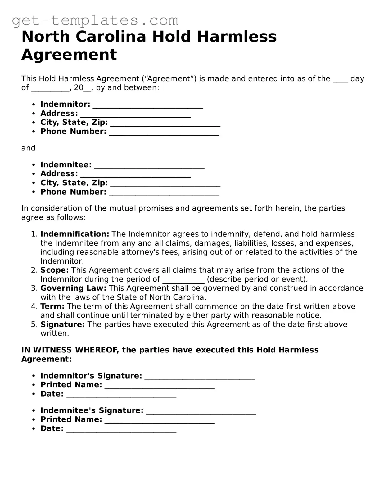 Attorney-Approved  Hold Harmless Agreement Document for North Carolina