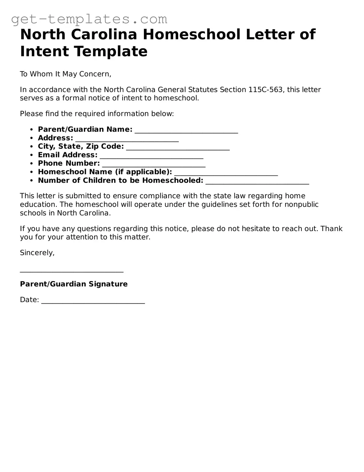 Attorney-Approved  Homeschool Letter of Intent Document for North Carolina