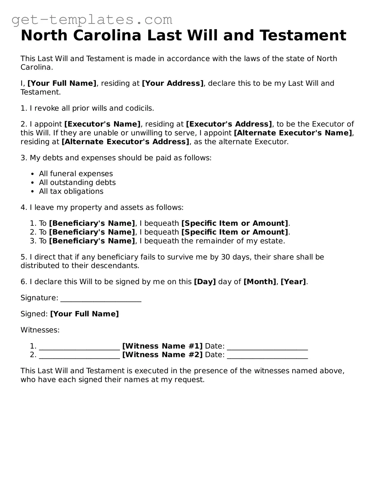 Attorney-Approved  Last Will and Testament Document for North Carolina