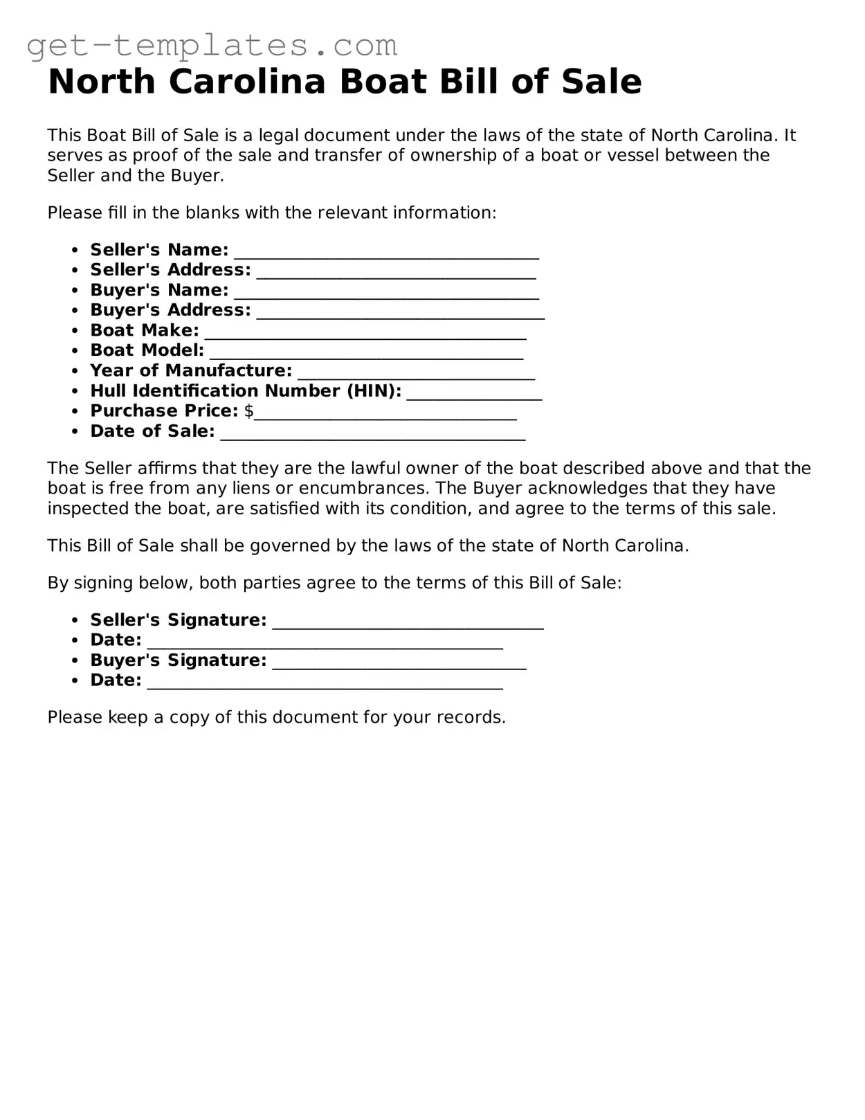 Attorney-Approved  Boat Bill of Sale Document for North Carolina