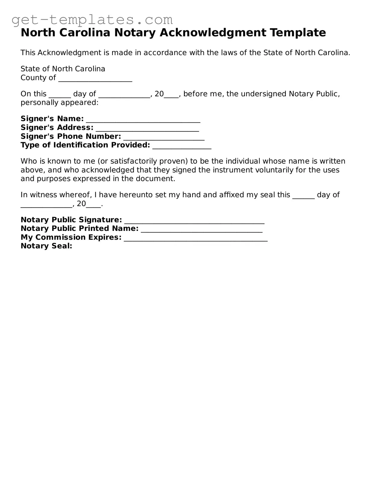 Attorney-Approved  Notary Acknowledgement Document for North Carolina
