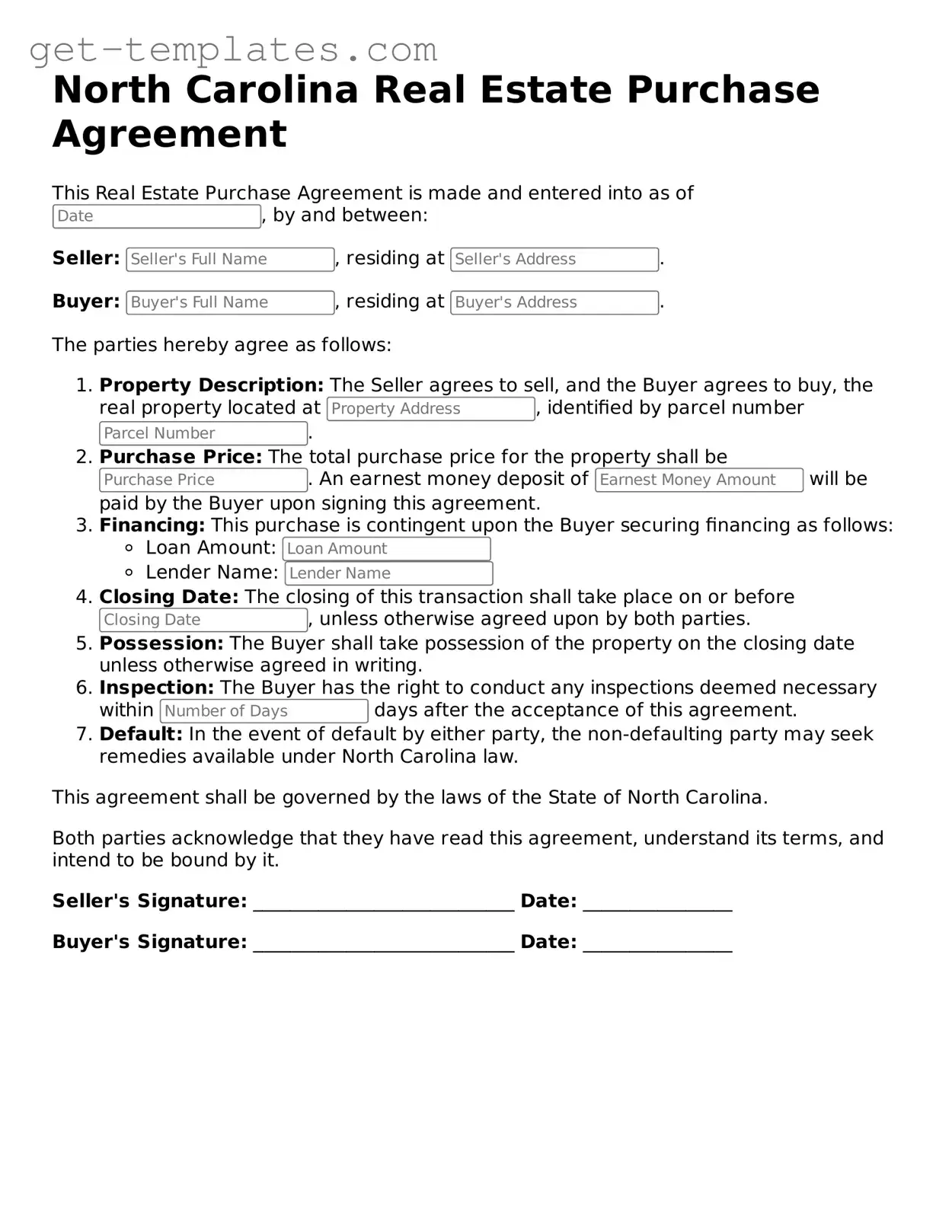 Attorney-Approved  Real Estate Purchase Agreement Document for North Carolina