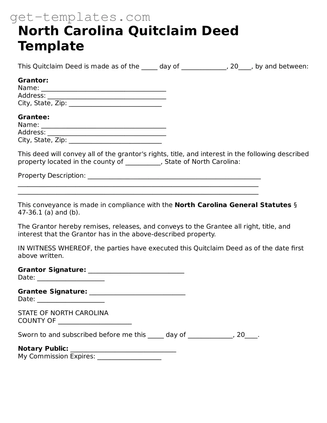 Attorney-Approved  Quitclaim Deed Document for North Carolina