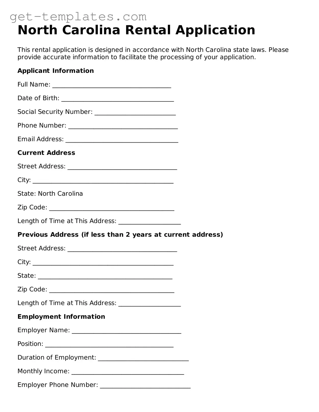 Attorney-Approved  Rental Application Document for North Carolina