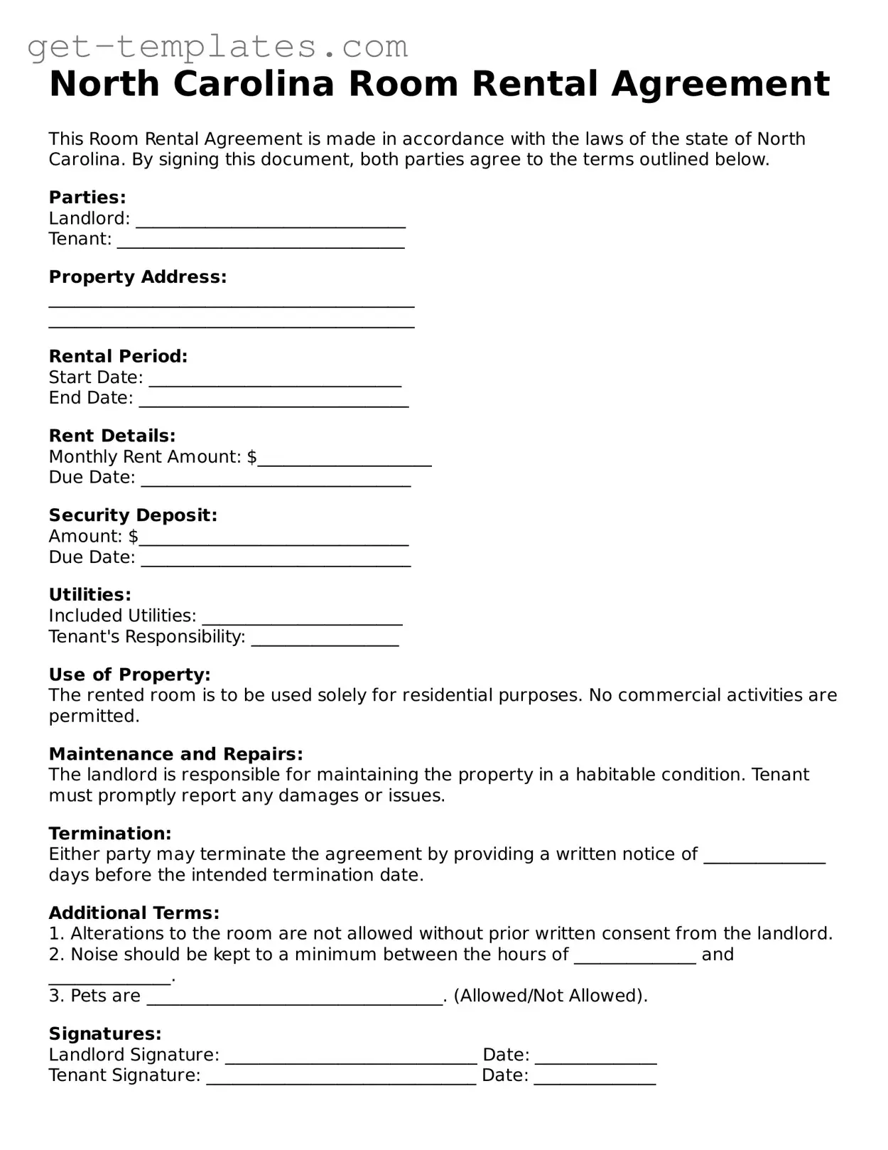 Attorney-Approved  Room Rental Agreement Document for North Carolina