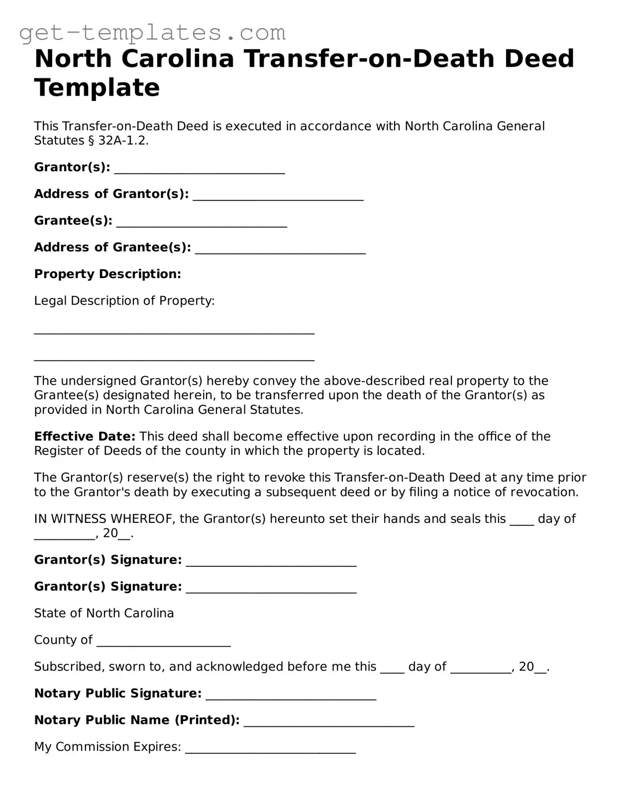 Attorney-Approved  Transfer-on-Death Deed Document for North Carolina