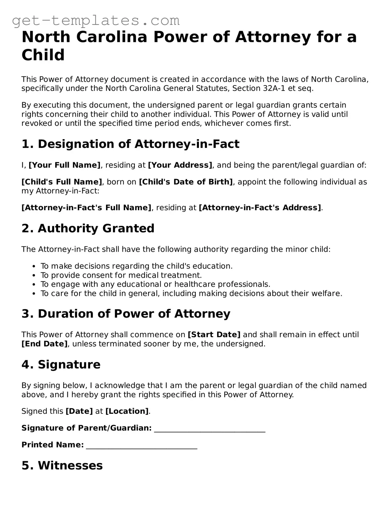Attorney-Approved  Power of Attorney for a Child Document for North Carolina
