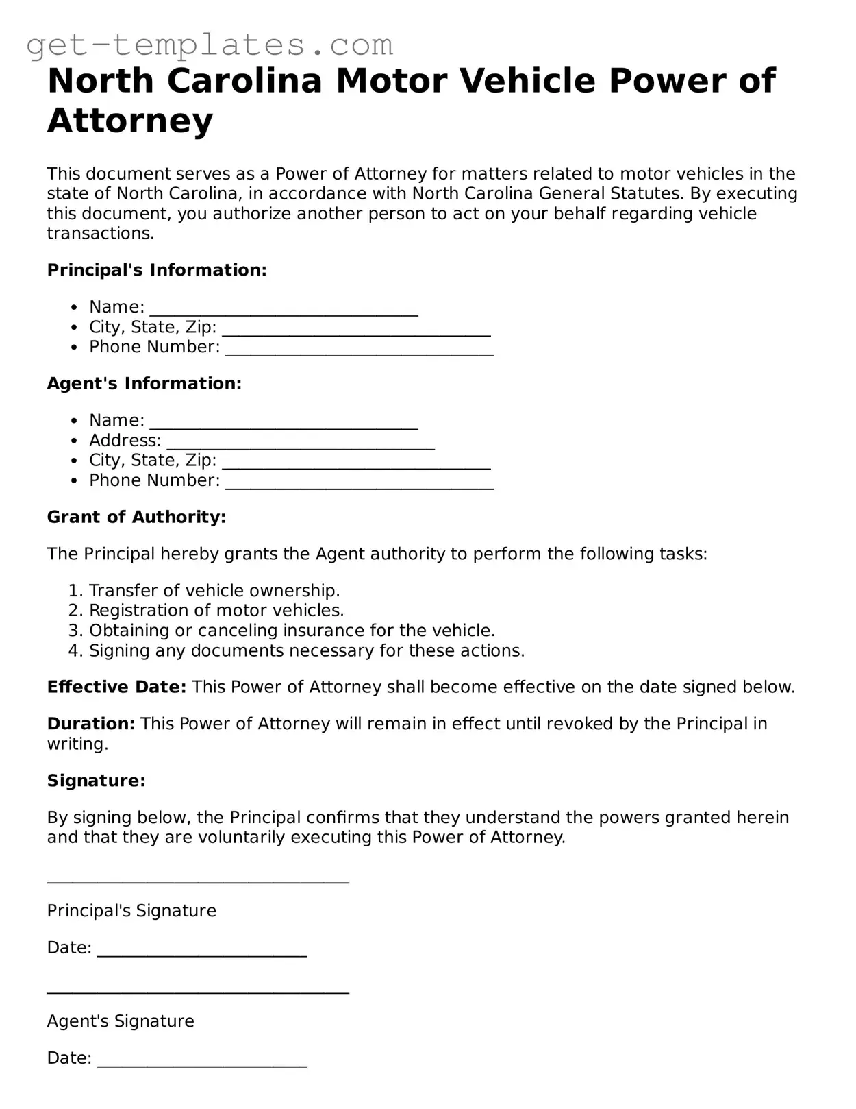 Attorney-Approved  Motor Vehicle Power of Attorney Document for North Carolina