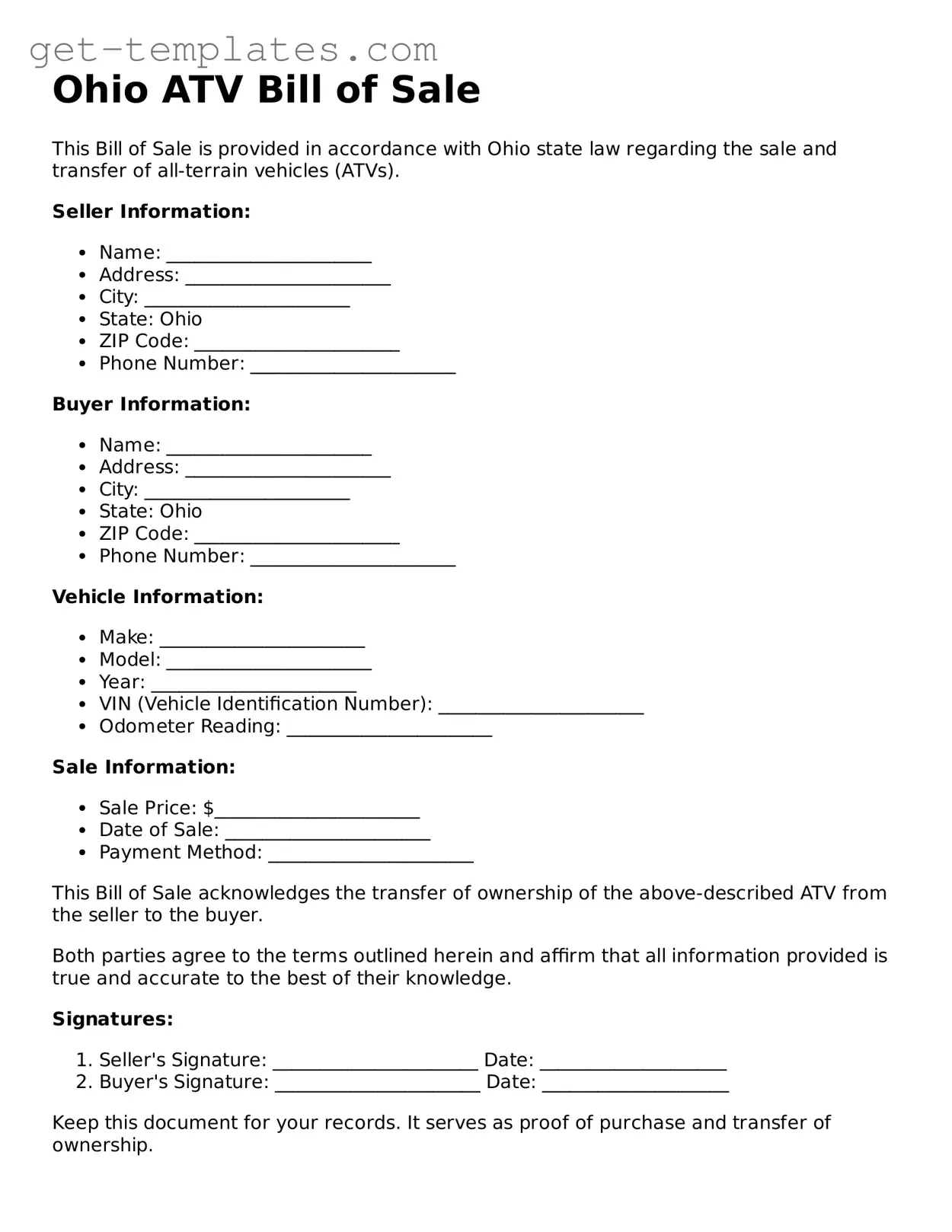 Attorney-Approved  ATV Bill of Sale Document for Ohio