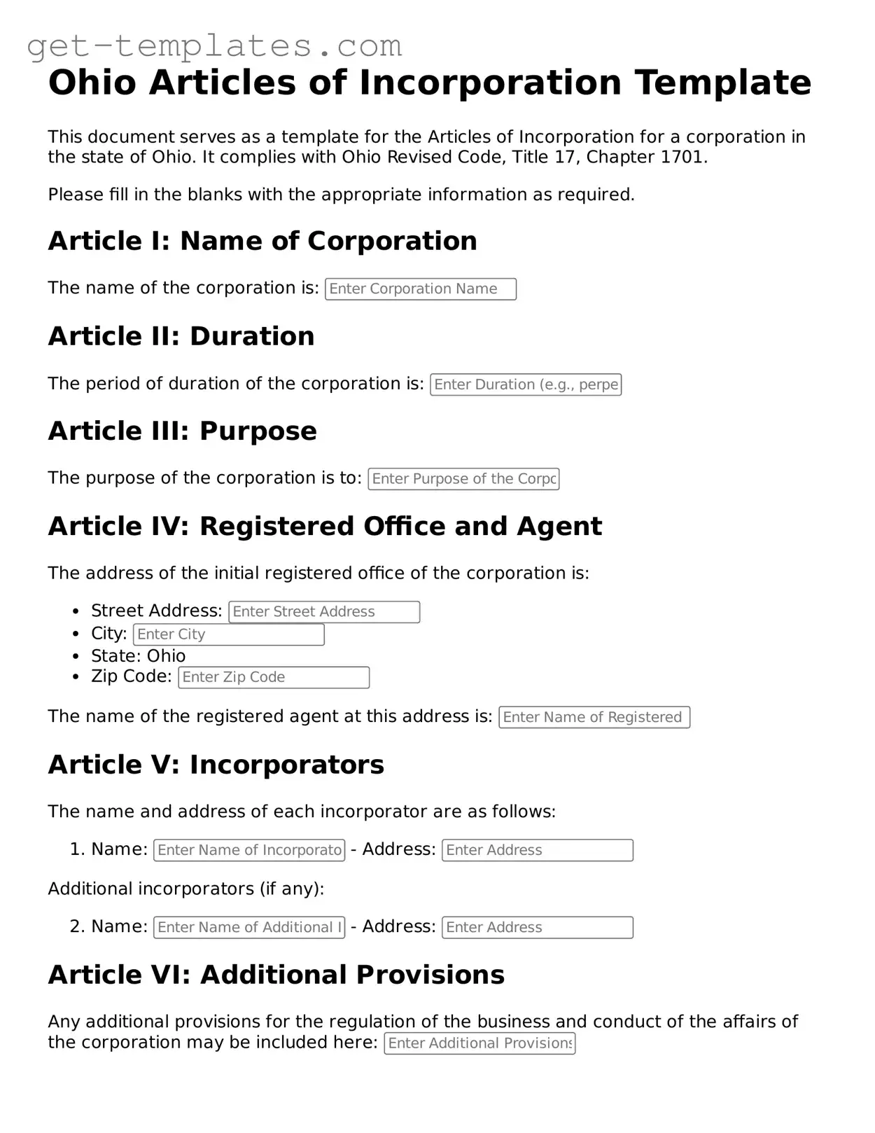 Attorney-Approved Articles of Incorporation Document for Ohio