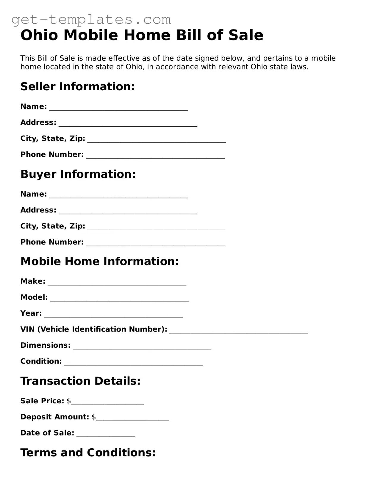 Attorney-Approved  Mobile Home Bill of Sale Document for Ohio
