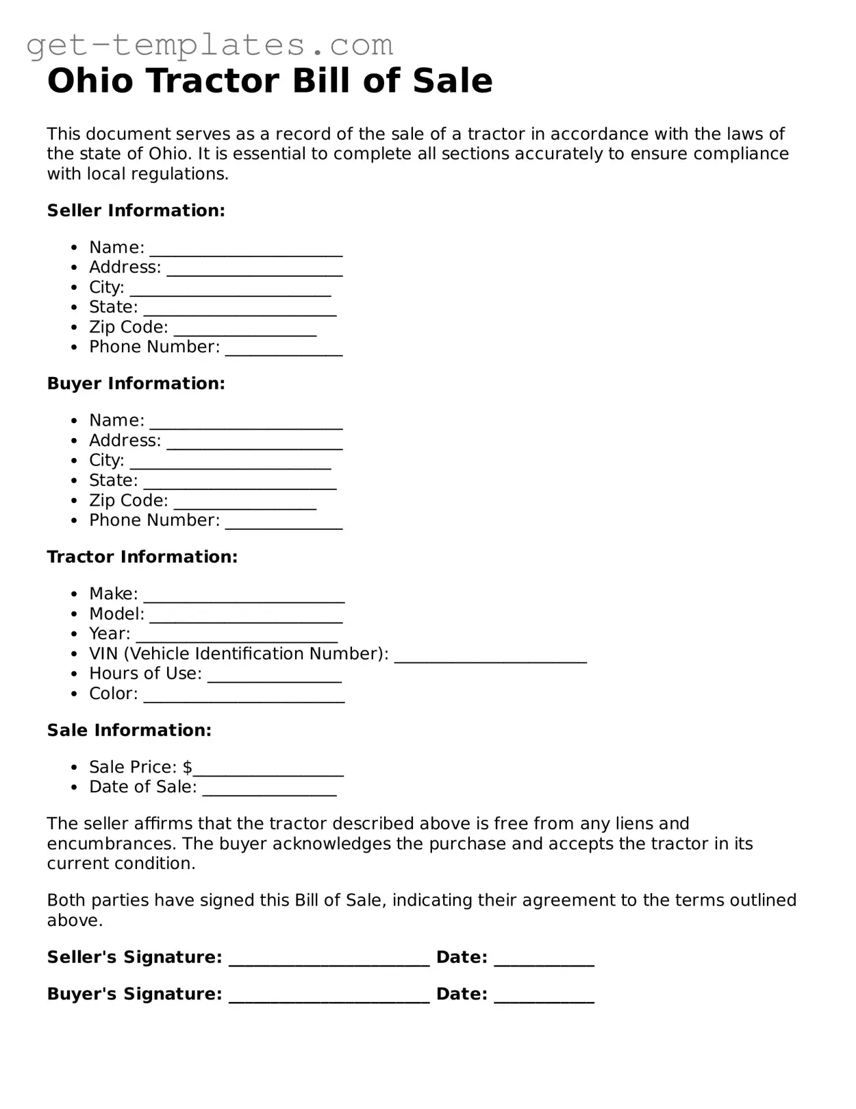 Attorney-Approved  Tractor Bill of Sale Document for Ohio