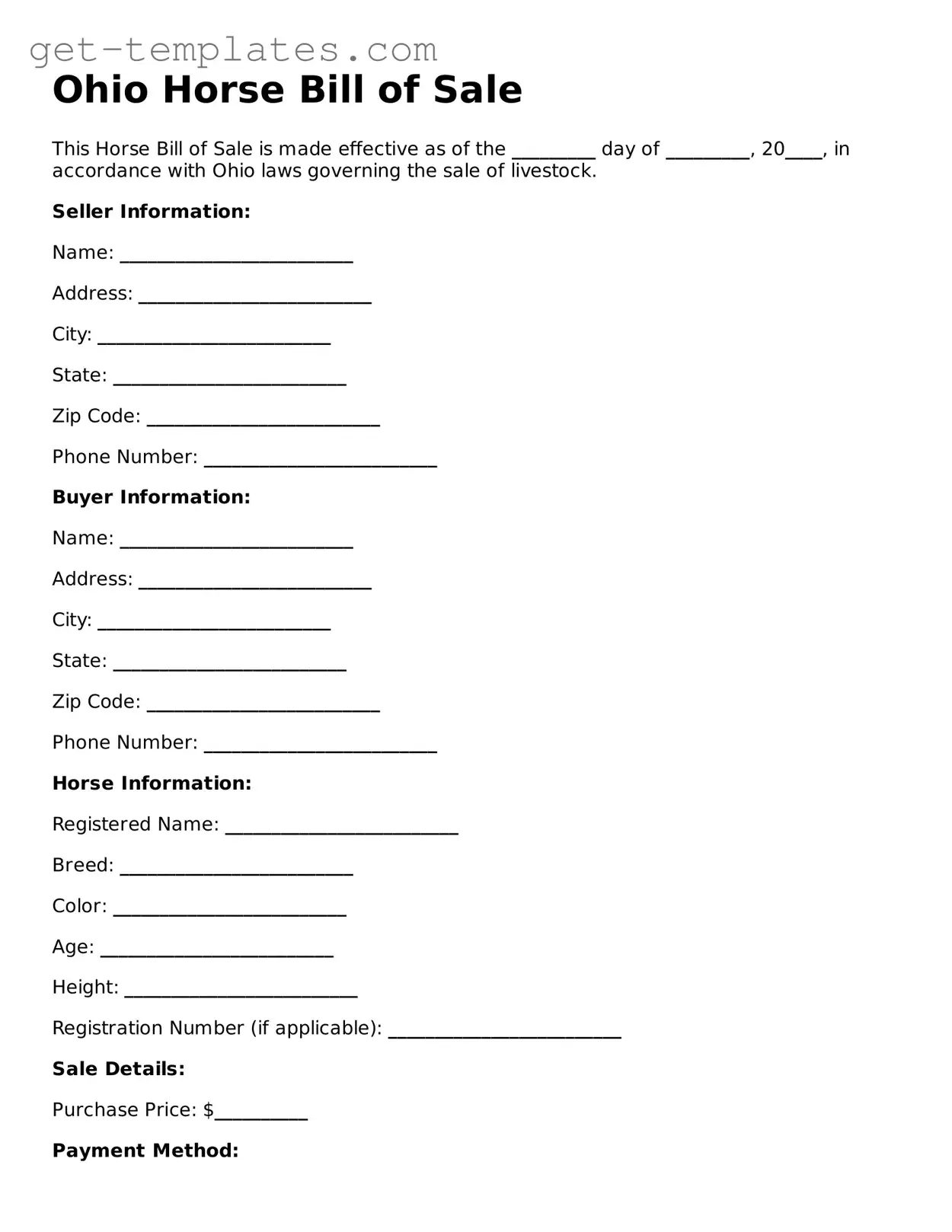 Attorney-Approved  Horse Bill of Sale Document for Ohio