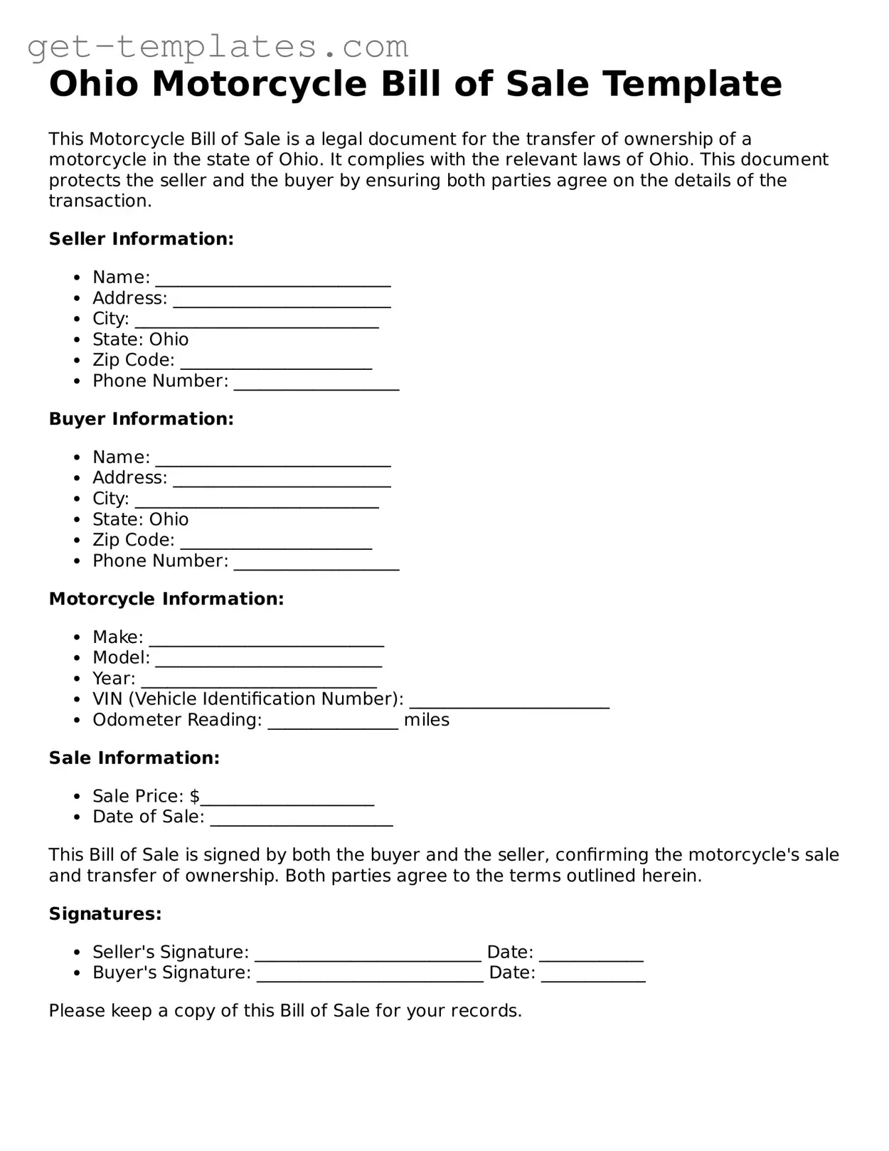 Attorney-Approved  Motorcycle Bill of Sale Document for Ohio