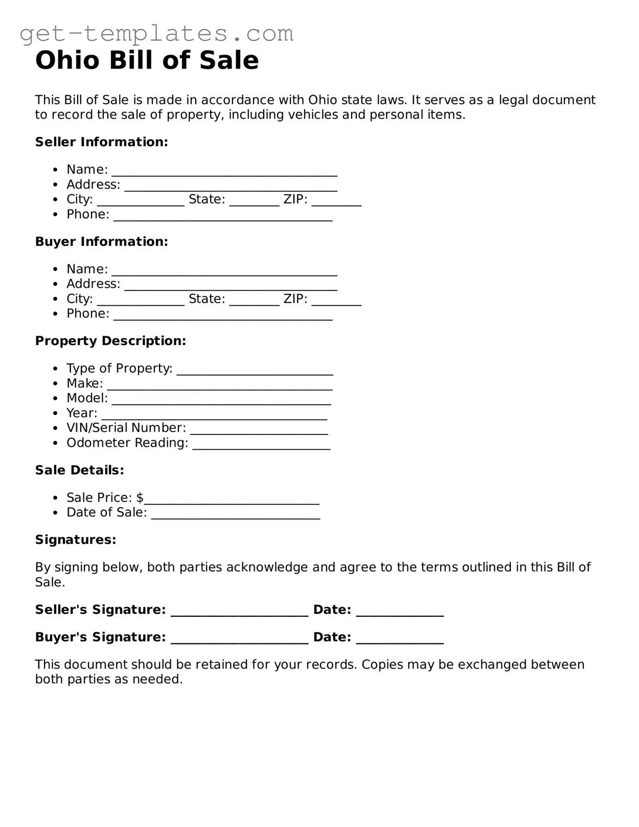 Attorney-Approved  Bill of Sale Document for Ohio