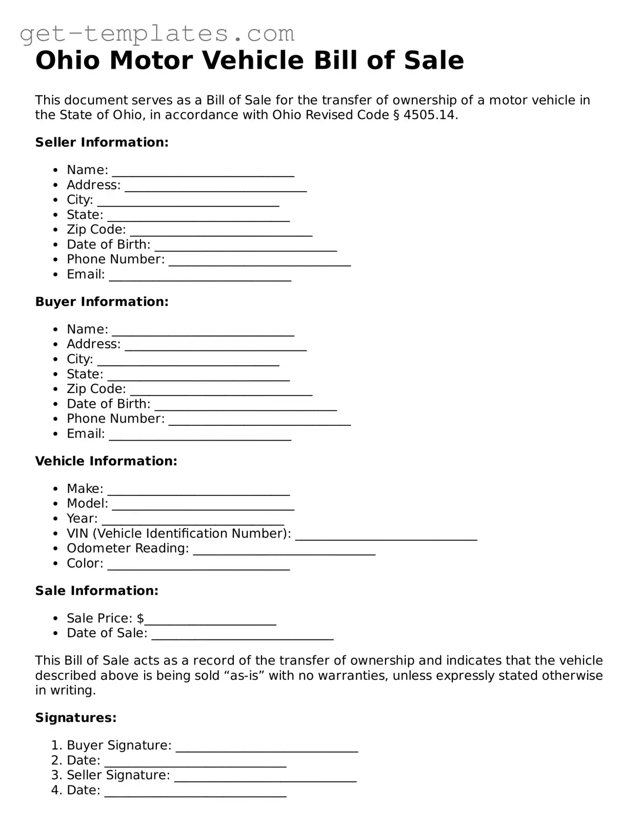 Attorney-Approved  Motor Vehicle Bill of Sale Document for Ohio