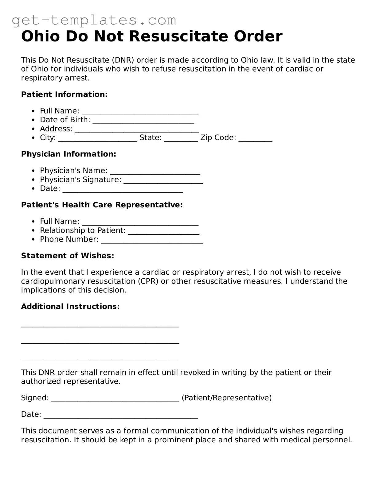 Attorney-Approved  Do Not Resuscitate Order Document for Ohio
