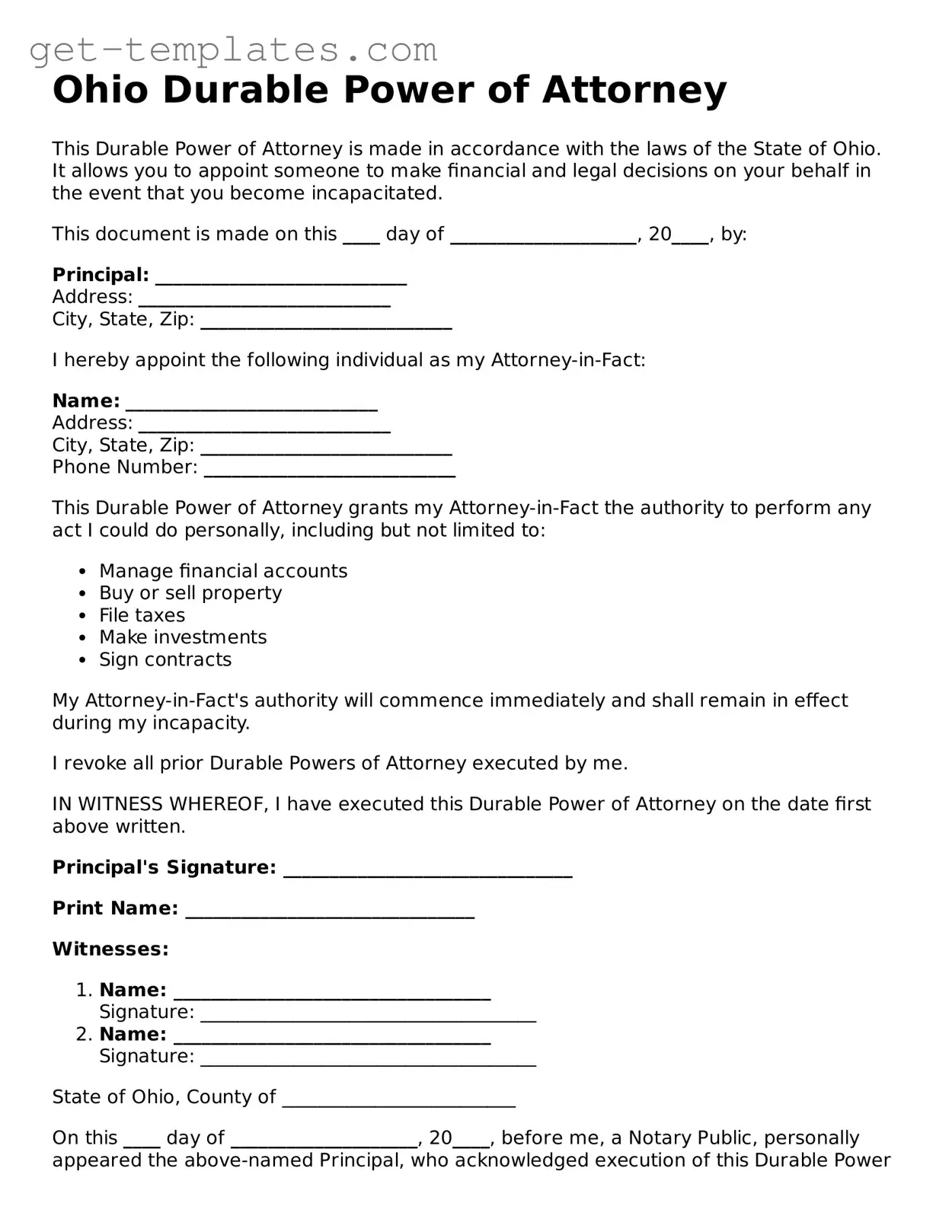 Attorney-Approved  Durable Power of Attorney Document for Ohio