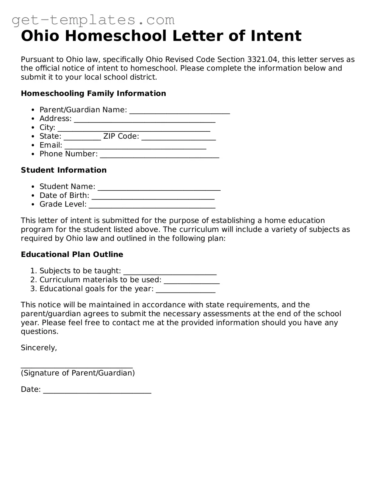 Attorney-Approved  Homeschool Letter of Intent Document for Ohio
