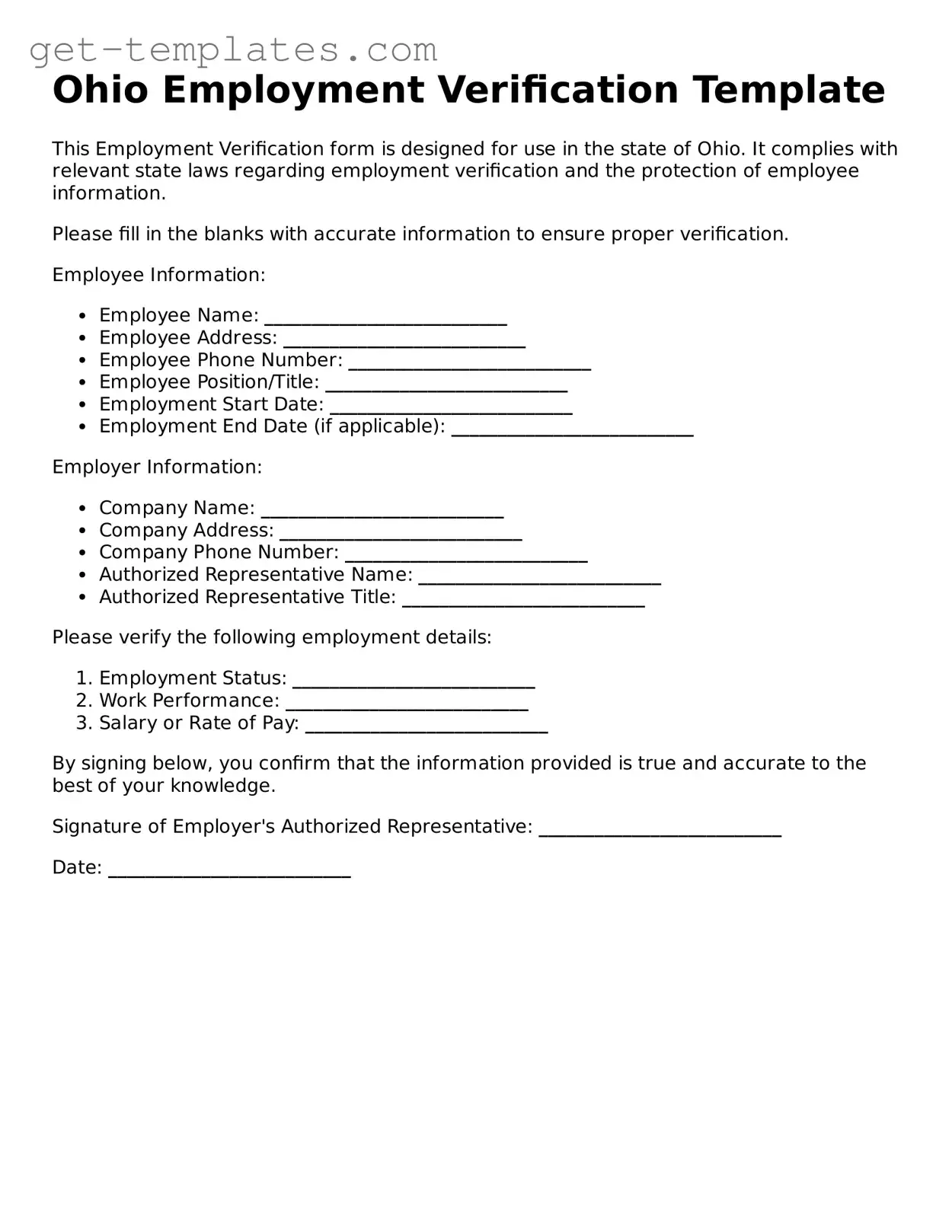Attorney-Approved  Employment Verification Document for Ohio