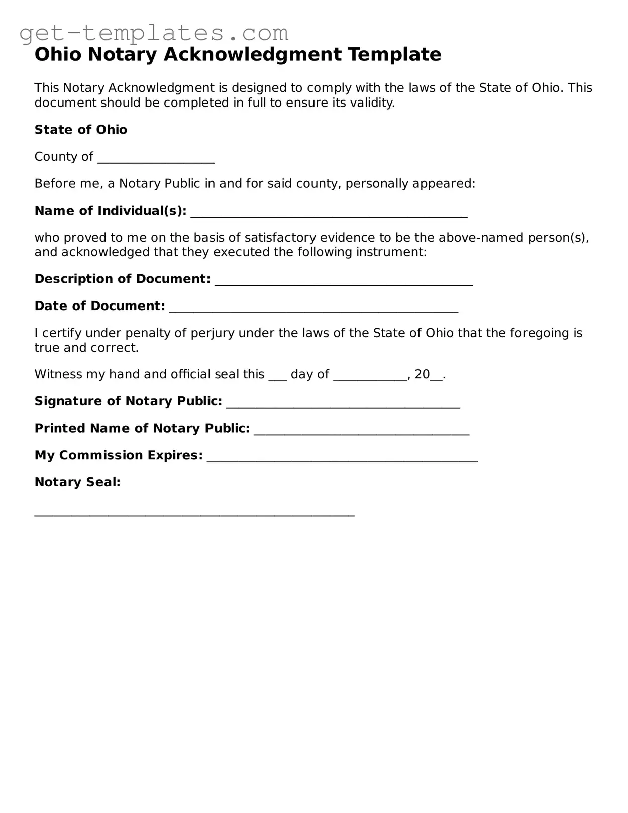 Attorney-Approved  Notary Acknowledgement Document for Ohio