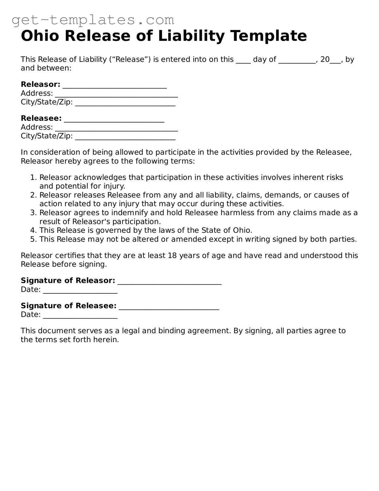 Attorney-Approved  Release of Liability Document for Ohio