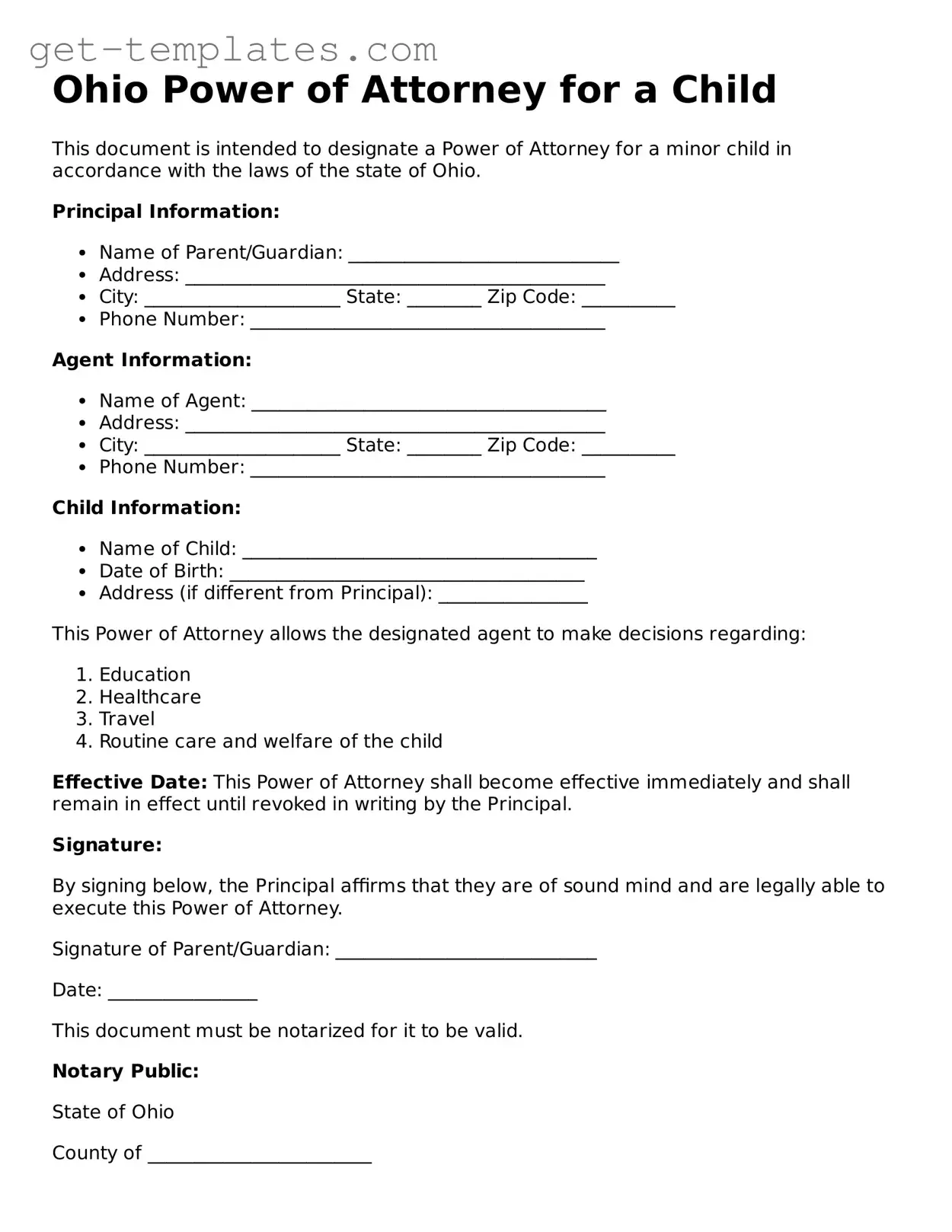 Attorney-Approved  Power of Attorney for a Child Document for Ohio