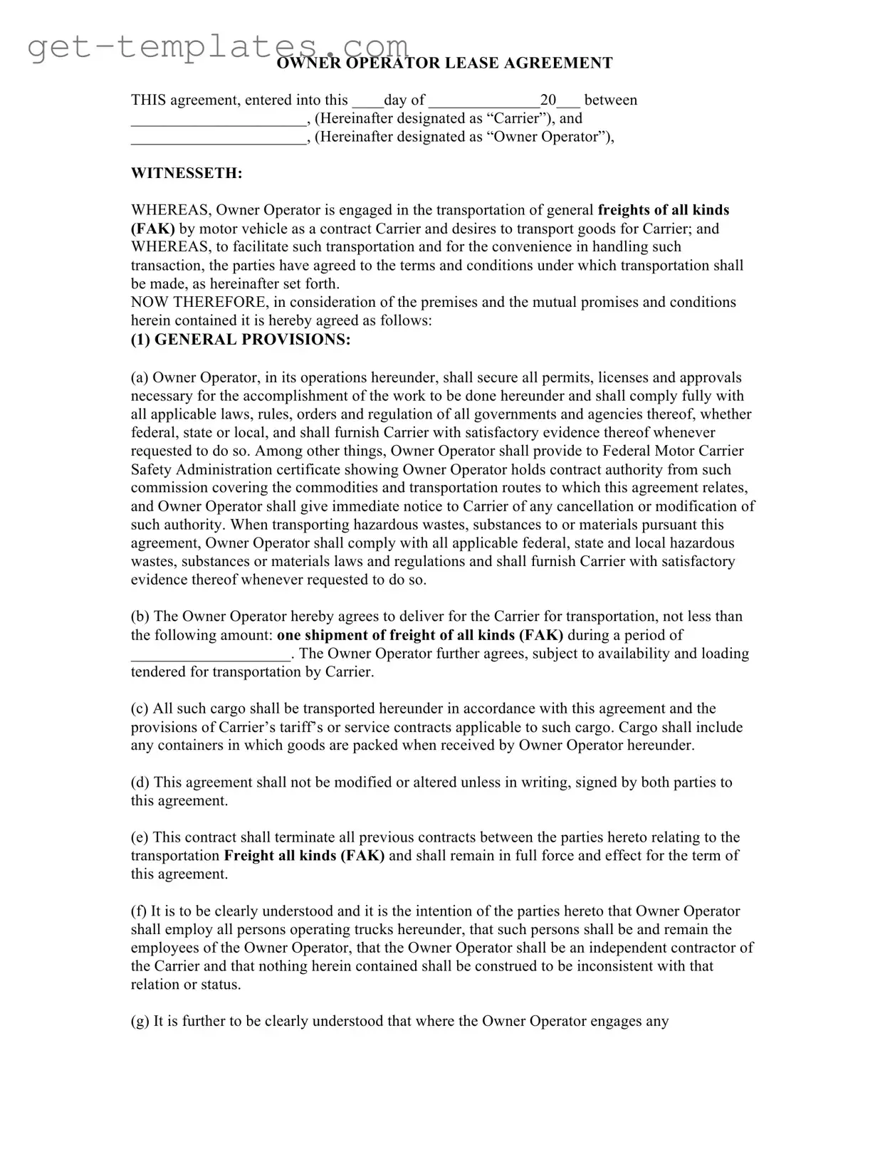 Fill in a Valid Owner Operator Lease Agreement Template
