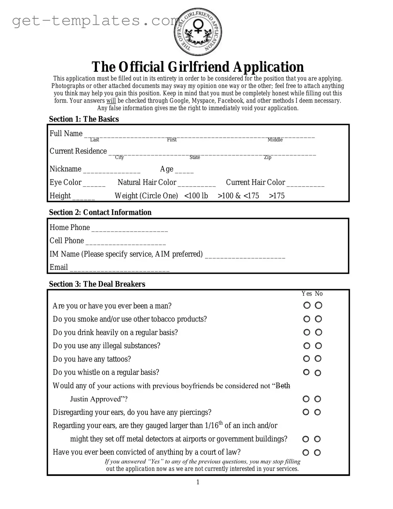 Fill in a Valid Girlfriend Application Template